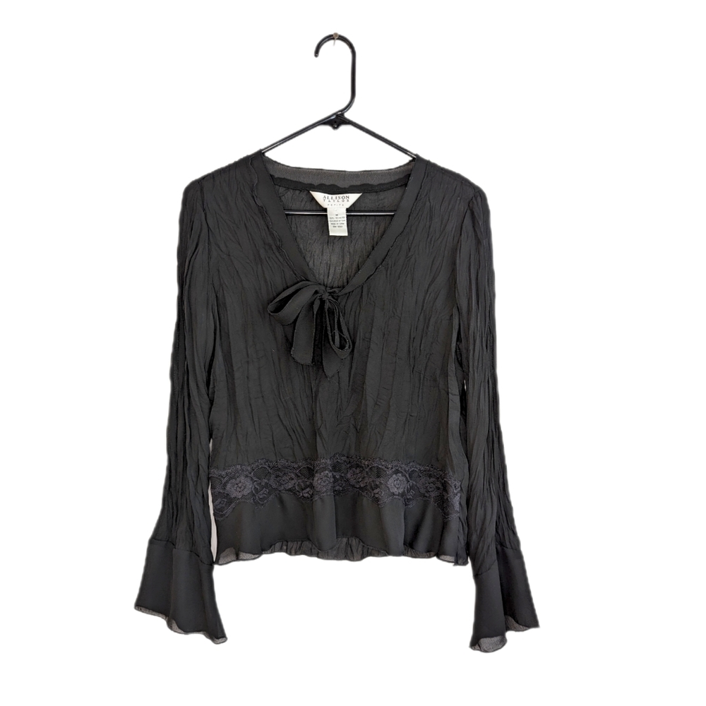 Vintage 90s Sheer Formal Goth Pirate Bell Sleeve Textured Sheer Black Blouse Top
